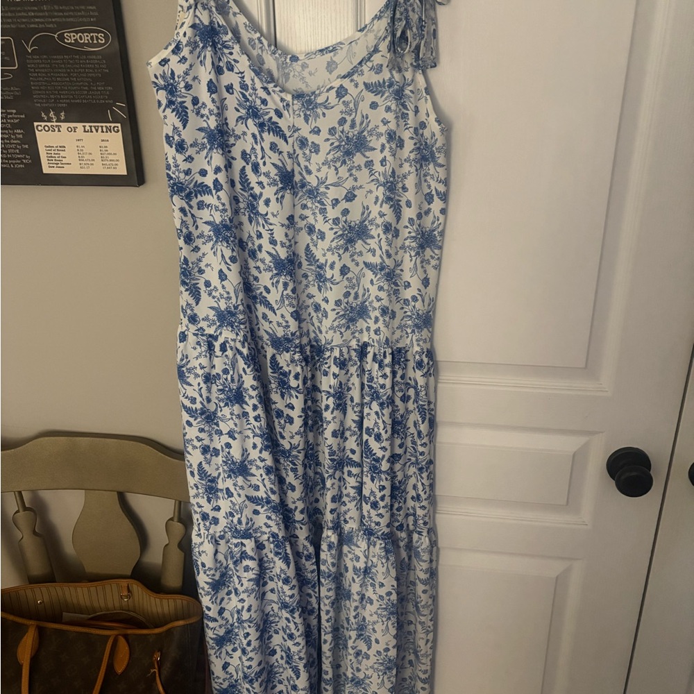 Blue and White Floral Tie-Shoulder Maxi Dress